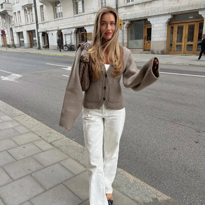 Loana - Cárdigan de punto con cuello en V y botones para mujer