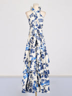 Maxi vestido floral halter con volantes en azul y blanco - Yery