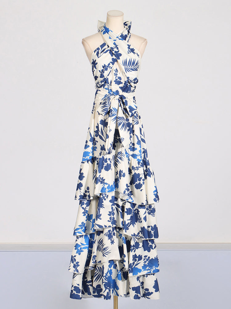 Maxi vestido floral halter con volantes en azul y blanco - Yery