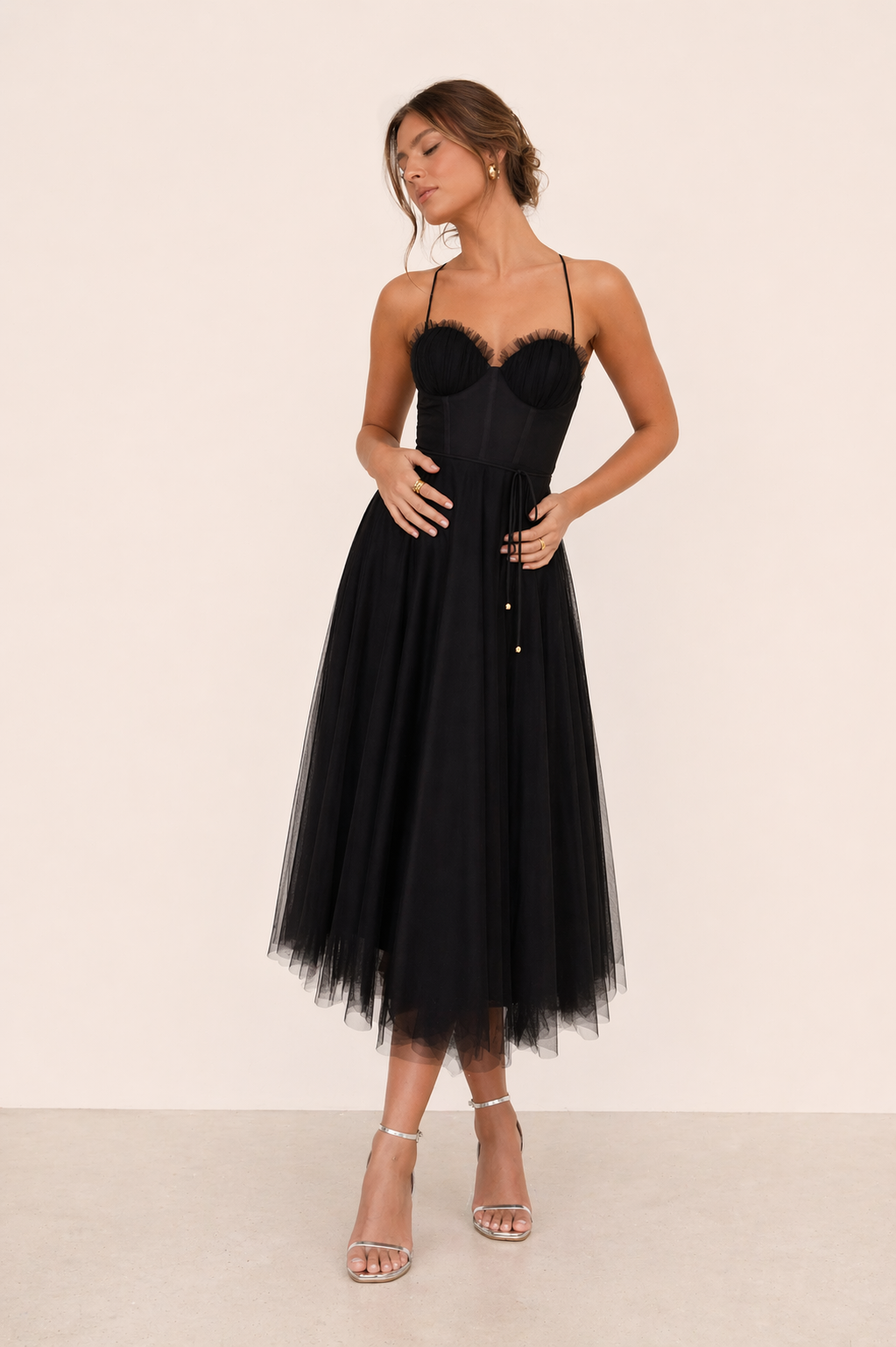 Vestido largo para mujer de tul bordado corsé estructurado - Celeste