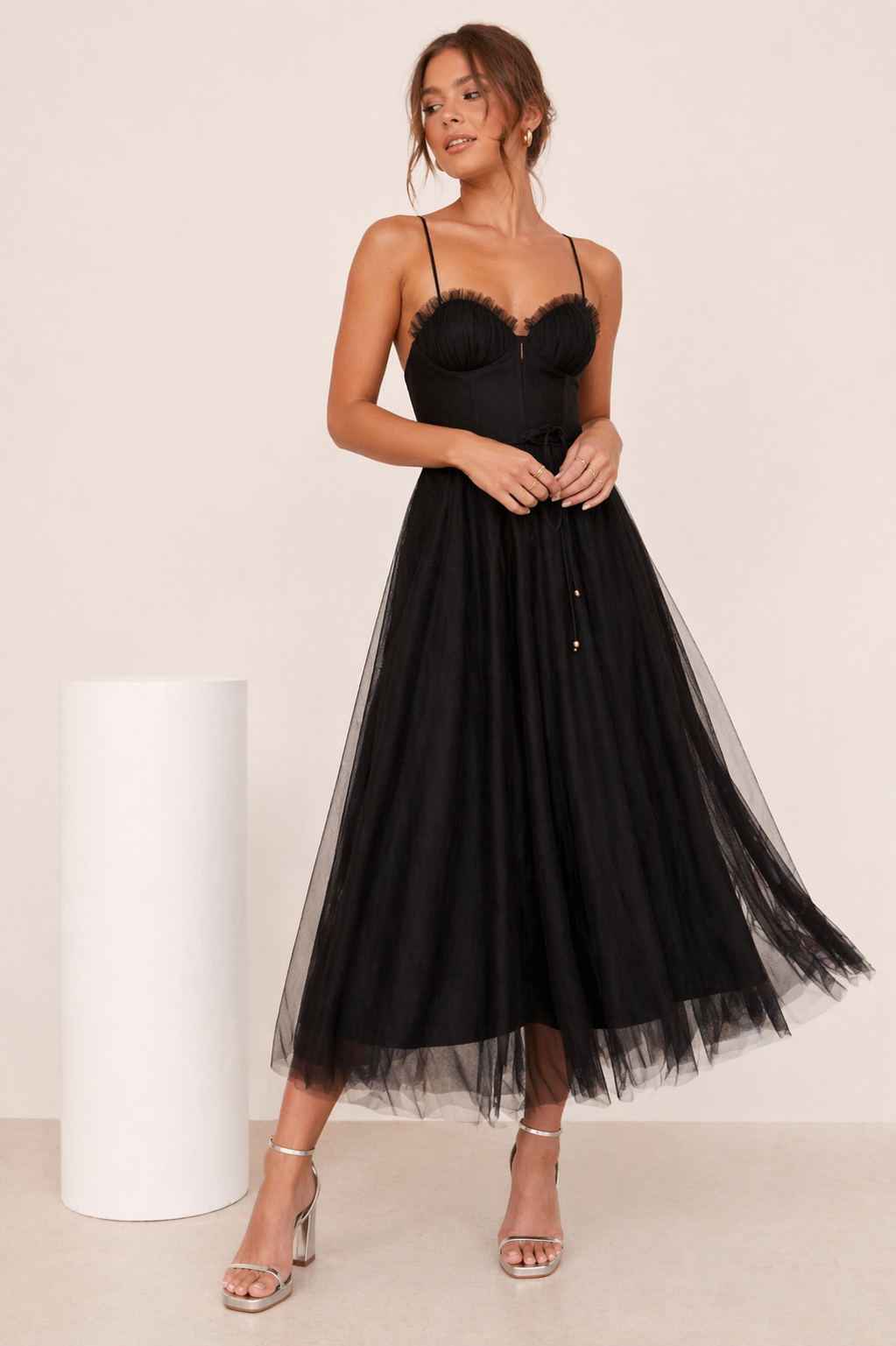 Vestido largo para mujer de tul bordado corsé estructurado - Celeste