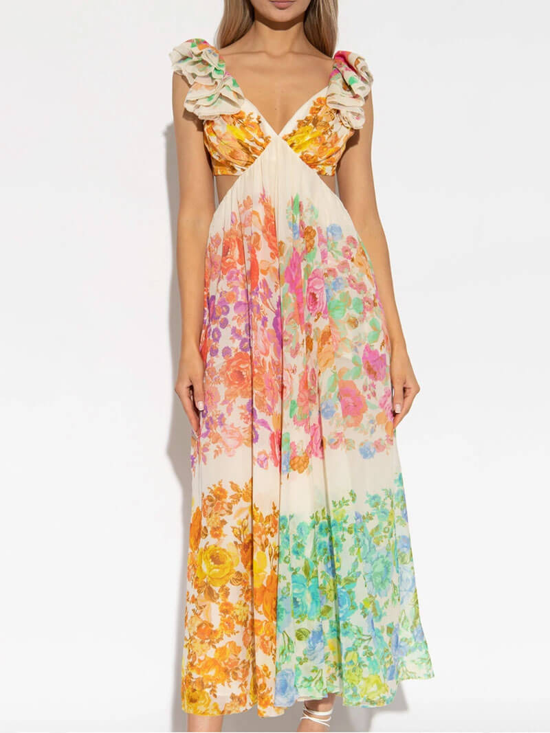 Vestido bohemio largo para mujer con estampado multicolor - Rhoswen