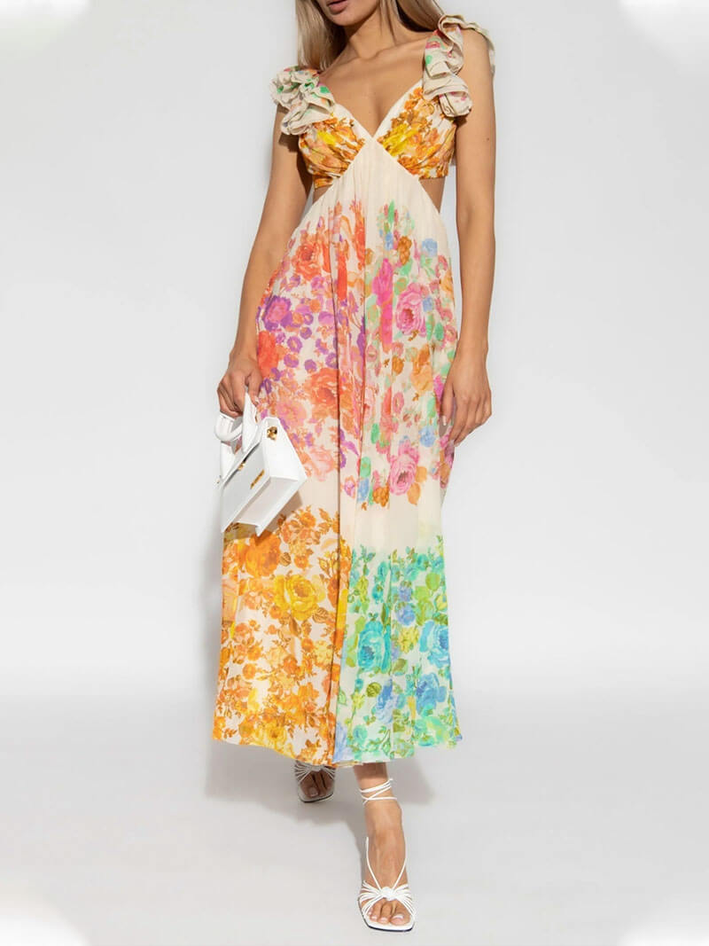 Vestido bohemio largo para mujer con estampado multicolor - Rhoswen