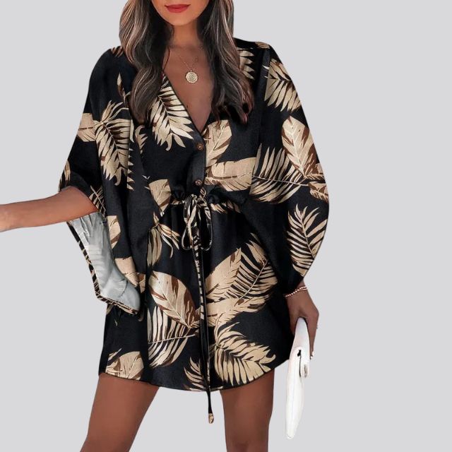 Giselle - Vestido camisero boho con cuello en V y estampado floral