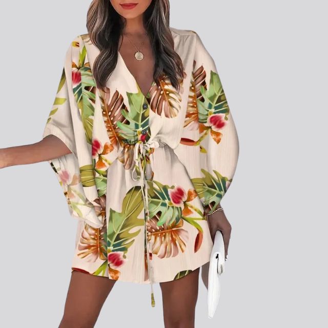 Giselle - Vestido camisero boho con cuello en V y estampado floral