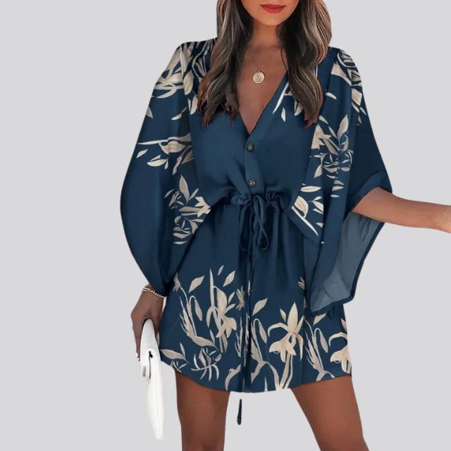 Giselle - Vestido camisero boho con cuello en V y estampado floral