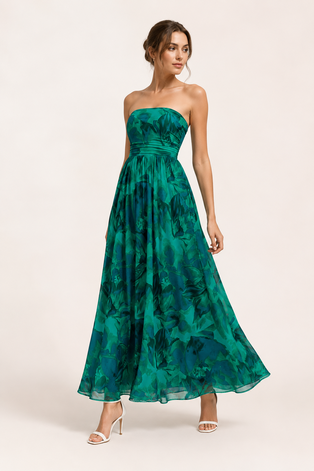 Vestido vintage mujer sin tirantes con estampado floral y falda amplia - Elfriede