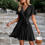 Isabella - Vestido midi plisado clásico con lazo en la cintura