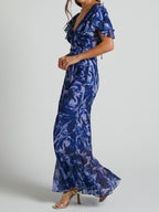 Sarah - Vestido maxi de chiffón estampado con escote en V