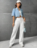 Camisa corta mujer denim con bolsillo frontal estilo casual - Emilia