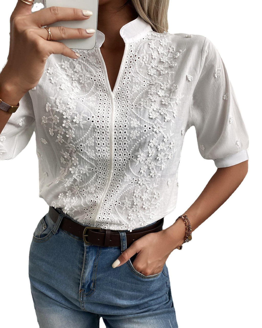 Diana - Blusa femenina de encaje con escote alto y escote en V