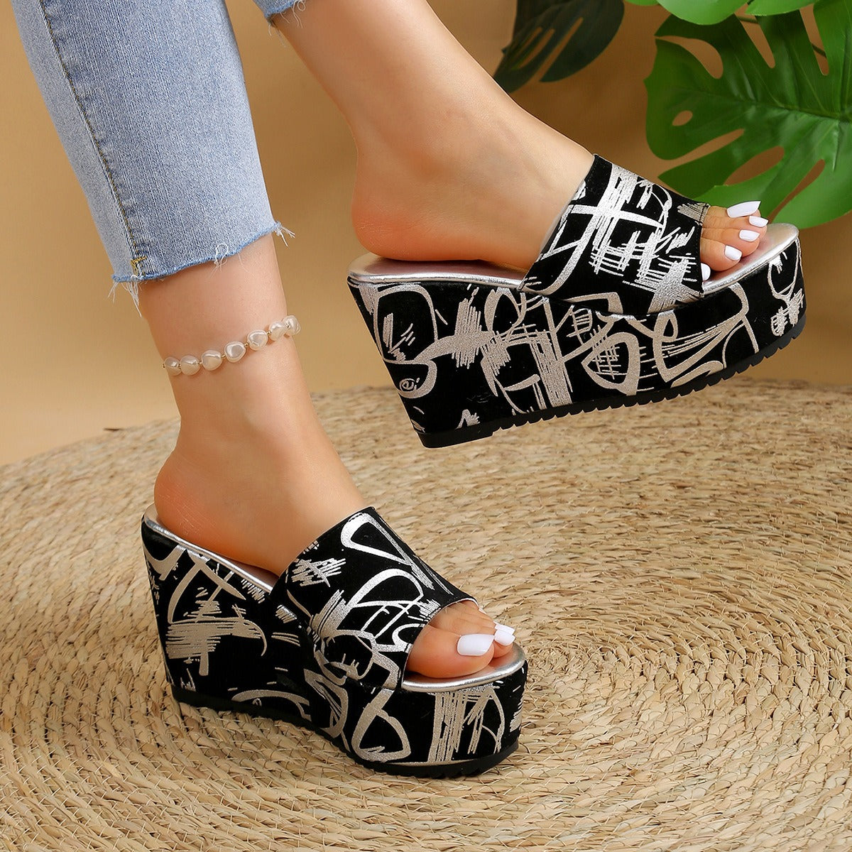 Sandalias para mujer de plataforma estampado con gráfico estilo cuña abierta - Abril