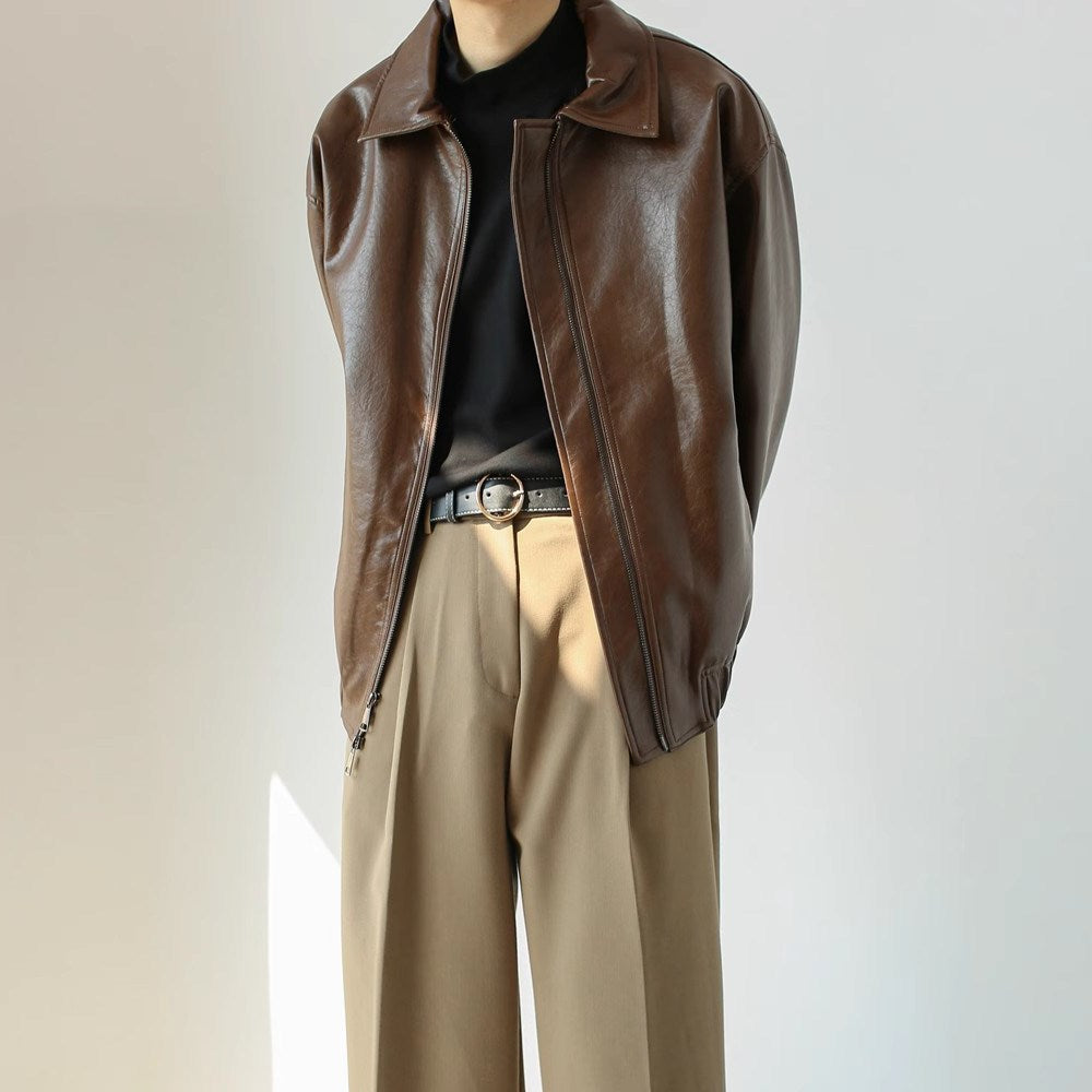 Chaqueta corta de cuero con cremallera para hombre - Emar