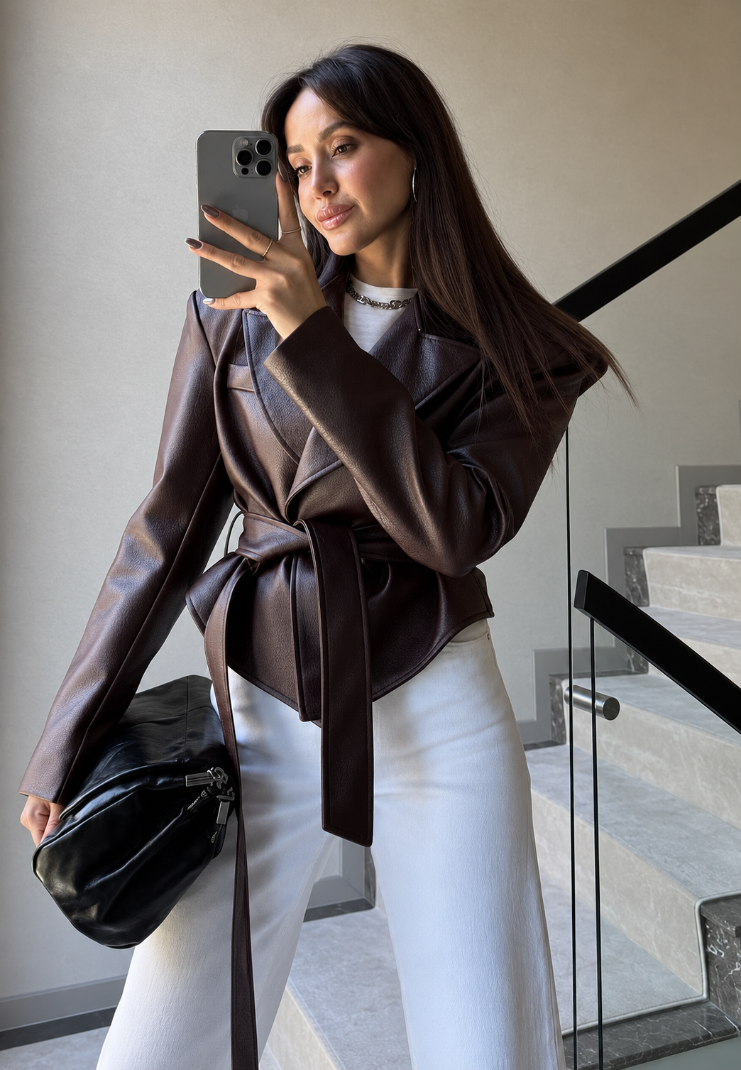 Blazer mujer efecto piel cinturón lazada - Elowen