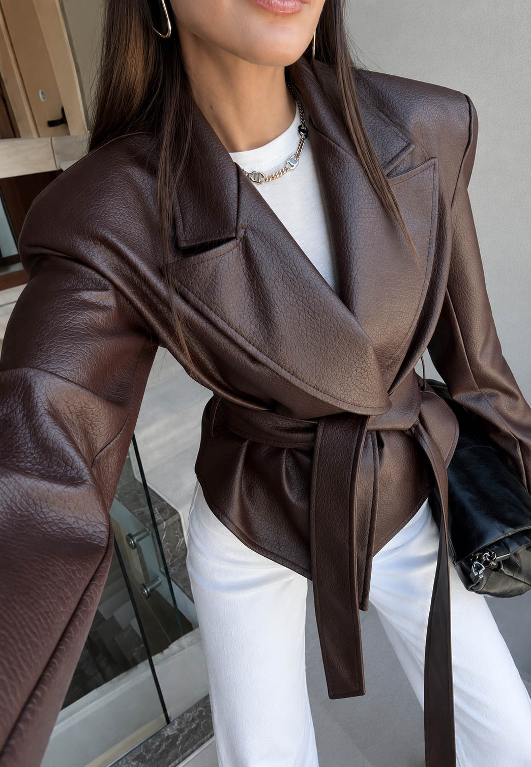 Blazer mujer efecto piel cinturón lazada - Elowen
