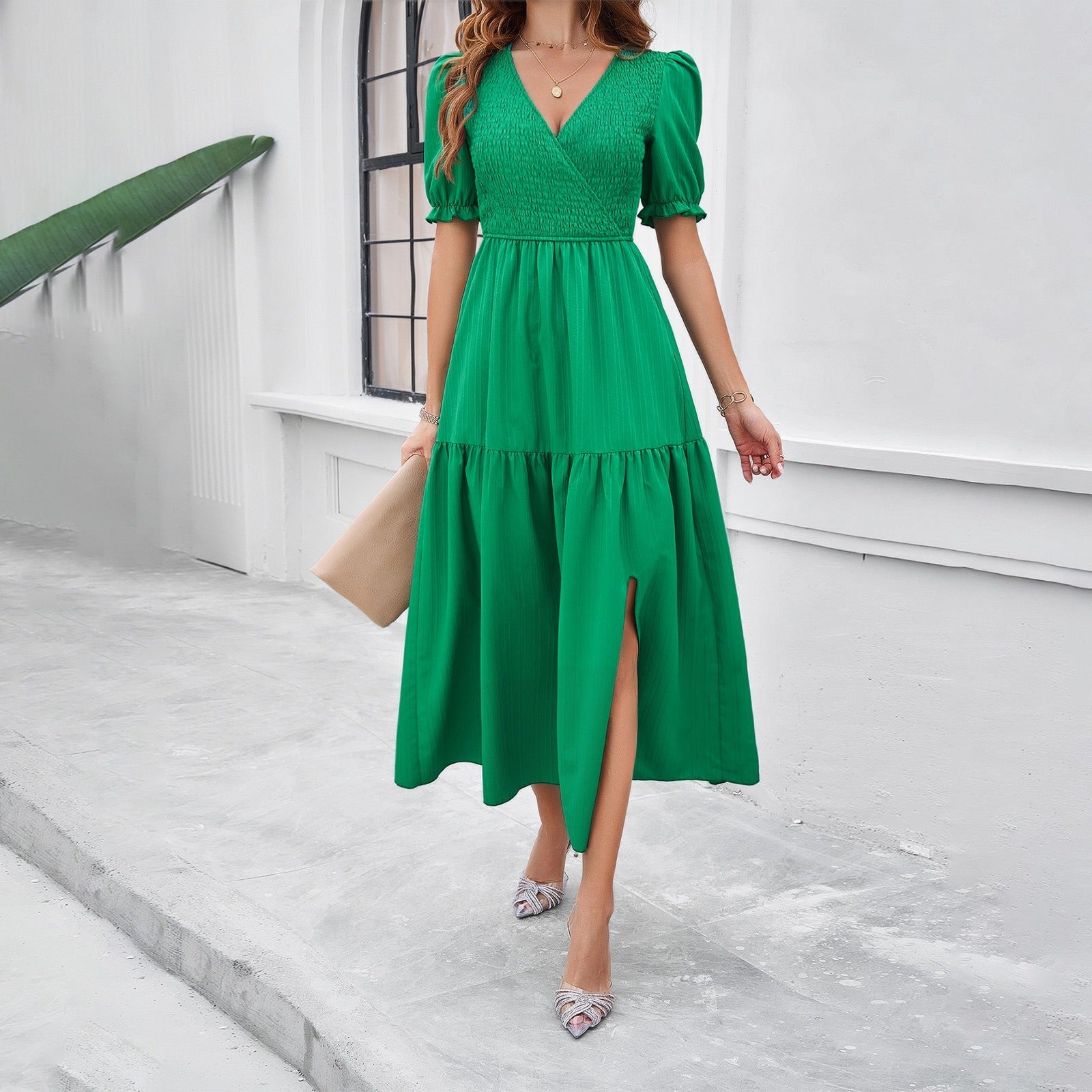 Vestido midi mujer nido de abeja escote cruzado - AmeliaV