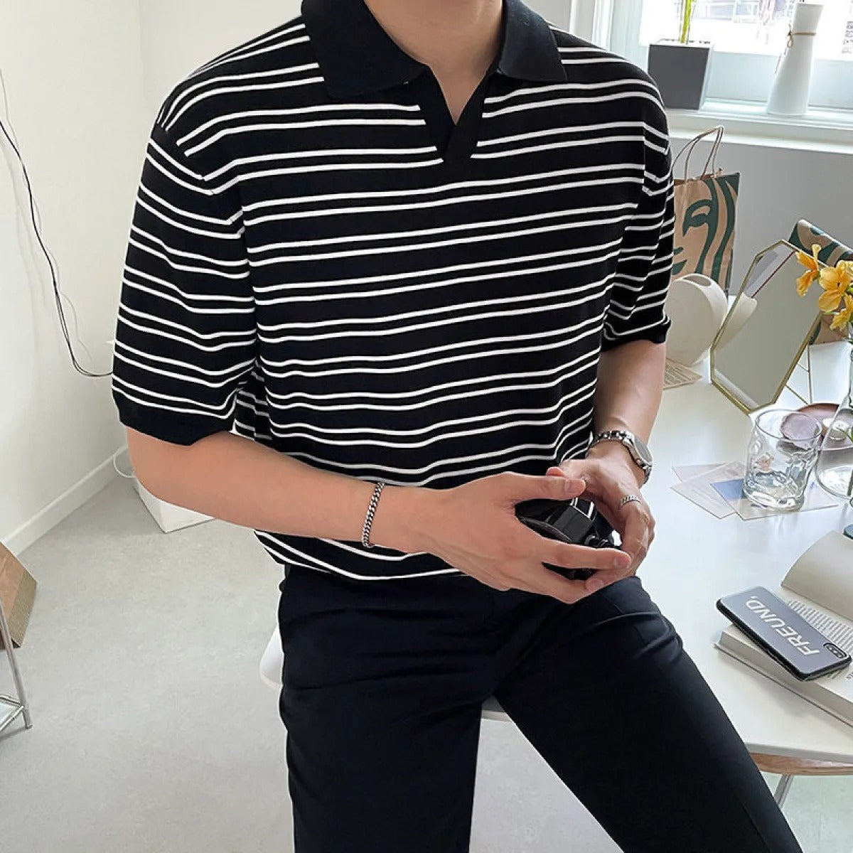 Polo para hombre de algodón rayado estilo casual relajado - Mateo