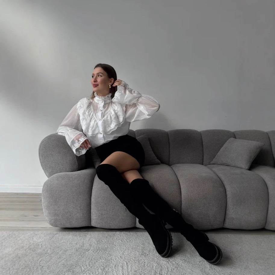 Blusa de gasa para mujer cuello alto con volantes - Margarethe