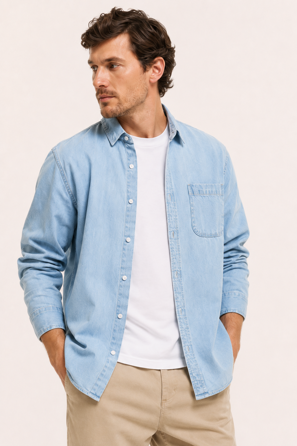 Camisa denim hombre manga larga con bolsillo - Joren