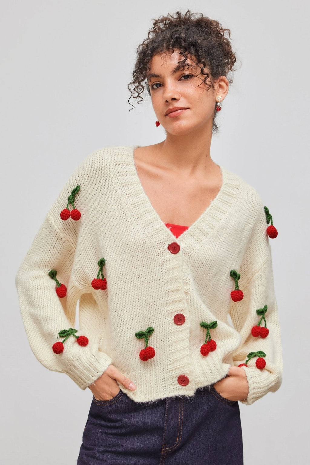 Cárdigan de punto holgado cuello pico apliques de cerezas - Frieda