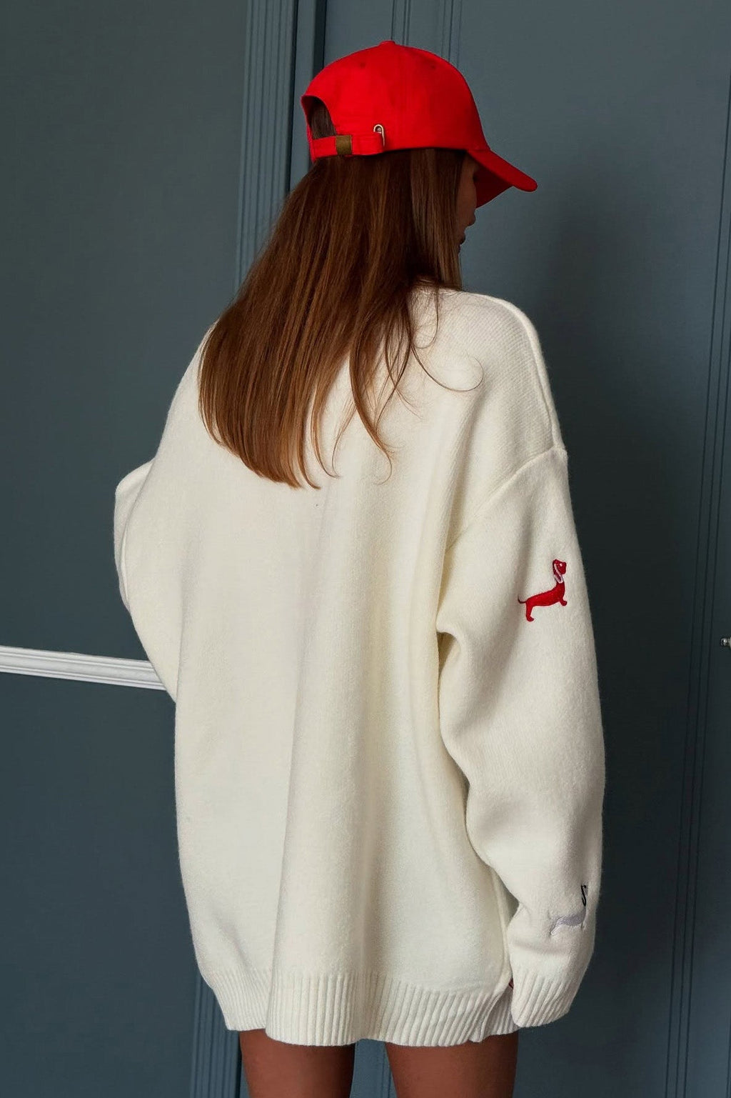 Cárdigan mujer oversize cuello pico botones motivos perro salchicha - Marlis