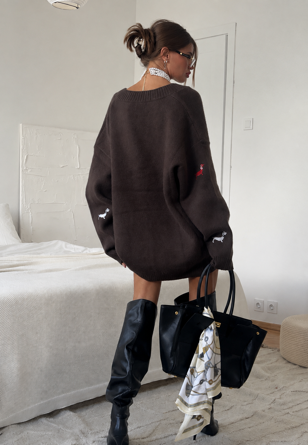 Cárdigan mujer oversize cuello pico botones motivos perro salchicha - Marlis