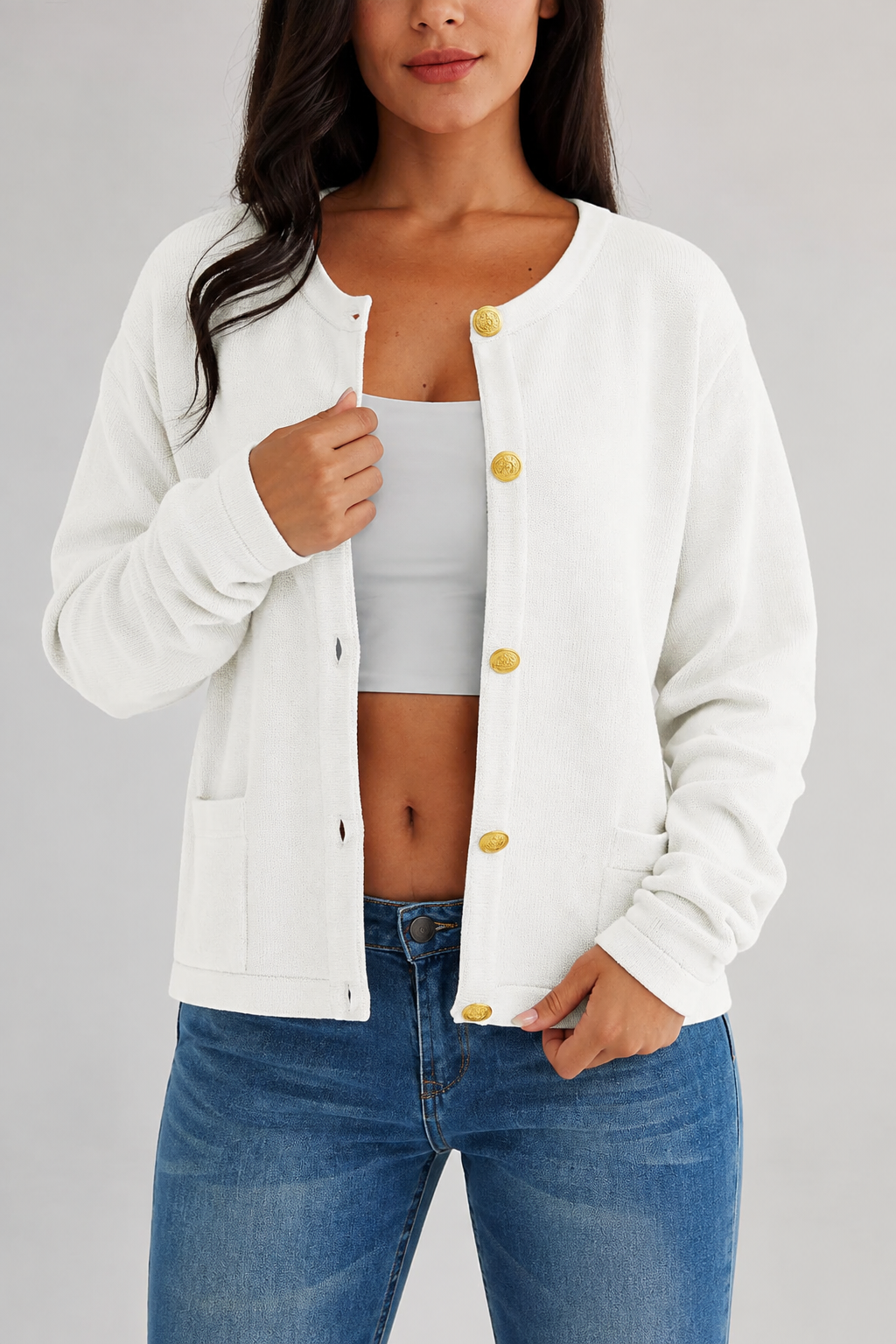 Cárdigan mujer punto cuello redondo botones bolsillos - Sorelia
