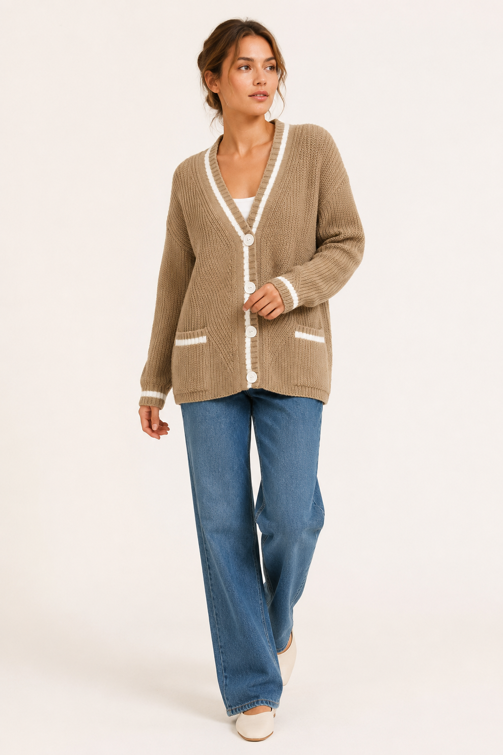 Cárdigan de punto para mujer con cuello de pico y botones - Hallow