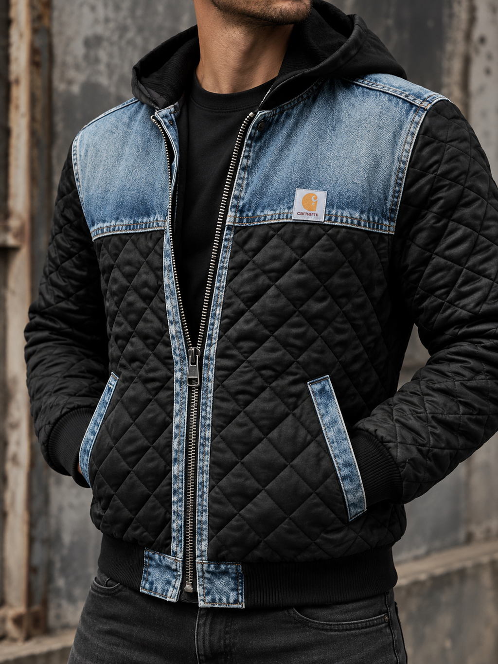 Cazadora acolchada hombre capucha paneles denim - Lex