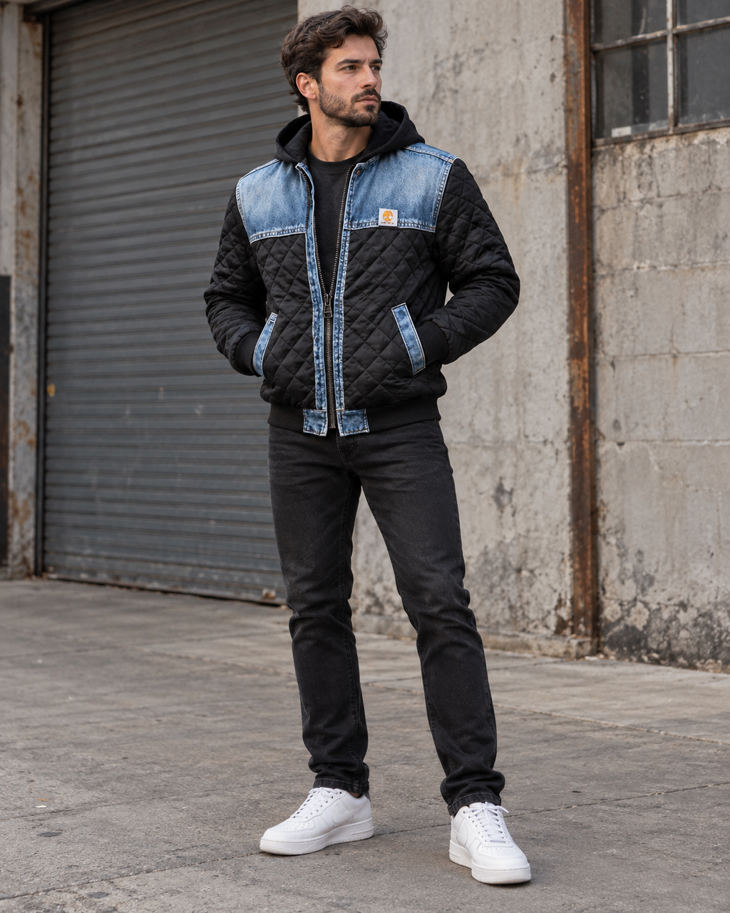 Cazadora acolchada hombre capucha paneles denim - Lex