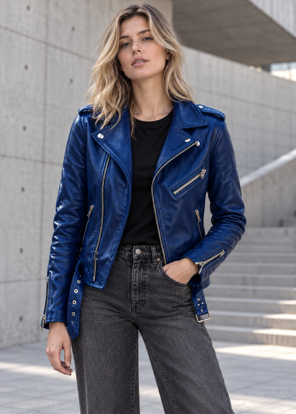 Cazadora biker mujer efecto piel cinturón ajustable - Faustine