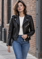 Cazadora biker mujer efecto piel cinturón ajustable - Faustine