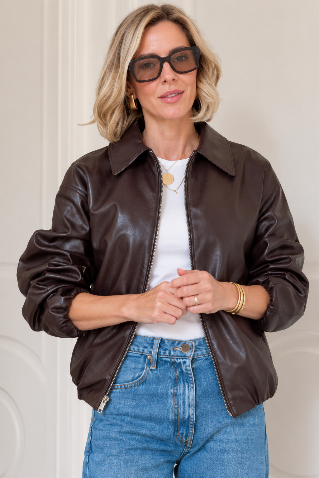 Cazadora bomber mujer efecto piel cuello camisero - Maëva