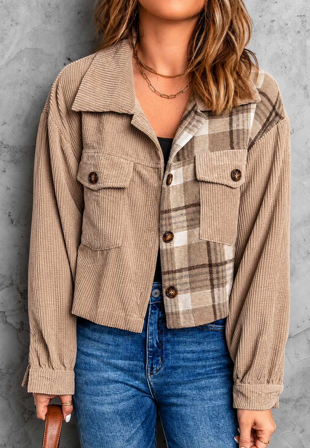 Cazadora cropped mujer pana combinada cuadros - Isaline