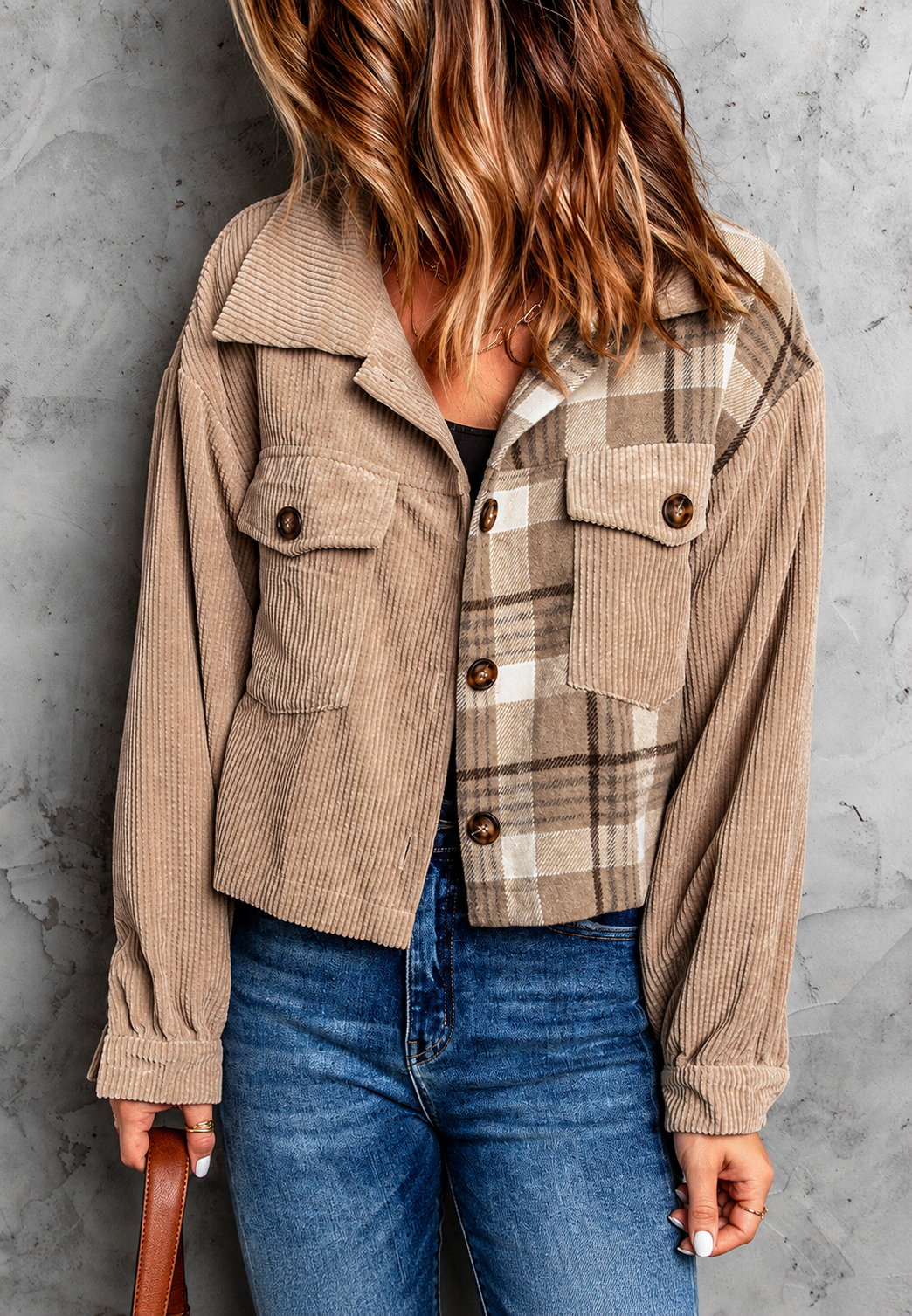 Cazadora cropped mujer pana combinada cuadros - Isaline