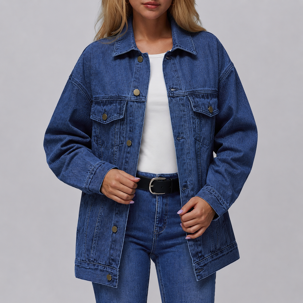 Cazadora vaquera mujer oversize larga bolsillos de solapa - Eira