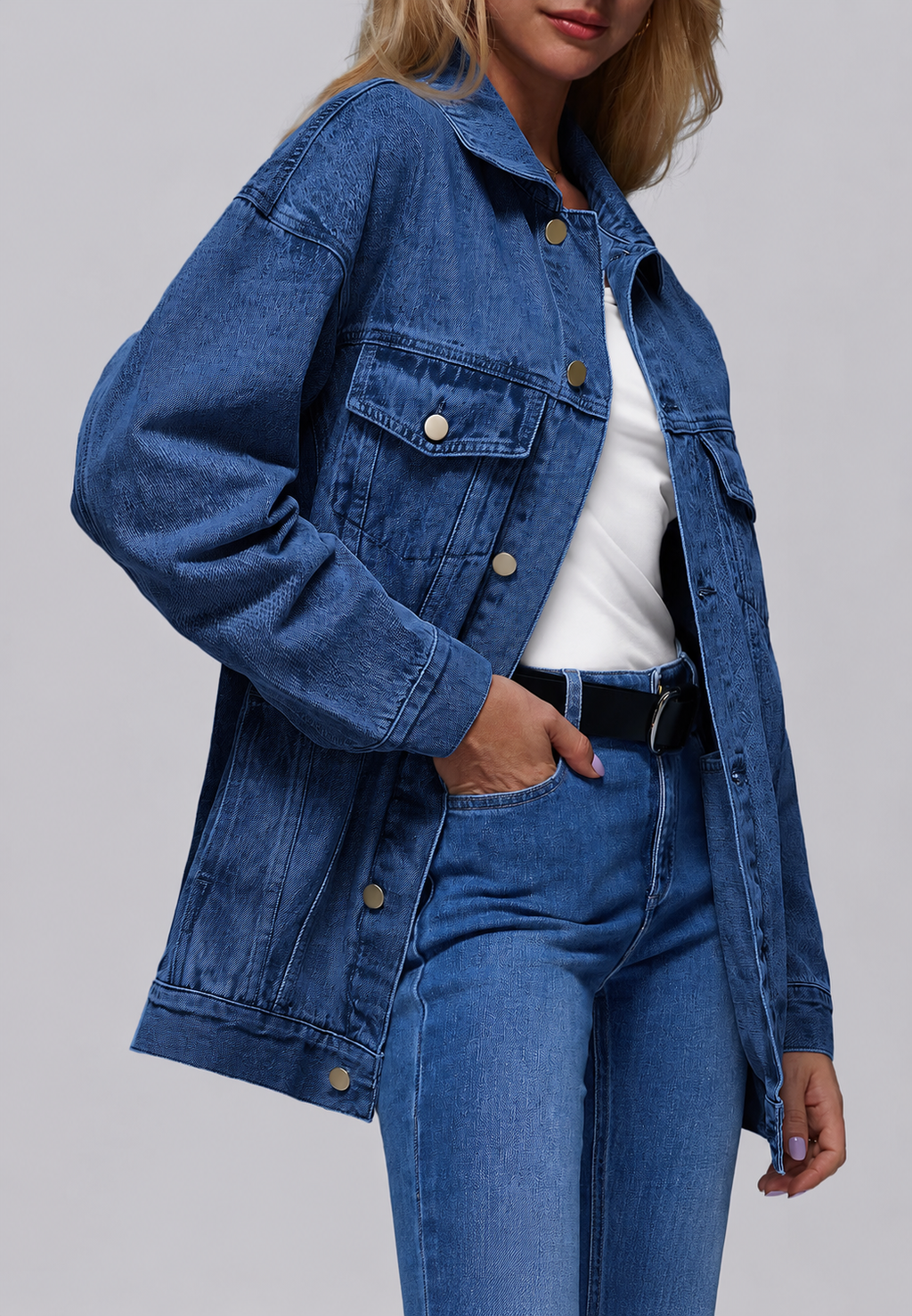 Cazadora vaquera mujer oversize larga bolsillos de solapa - Eira