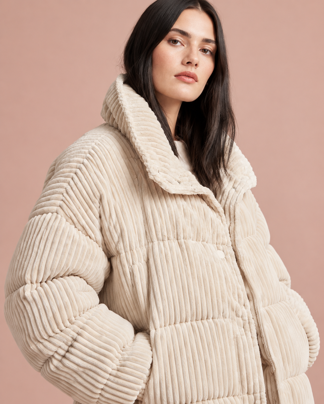 Chaqueta acolchada pana mujer cuello alto corte amplio - Marit