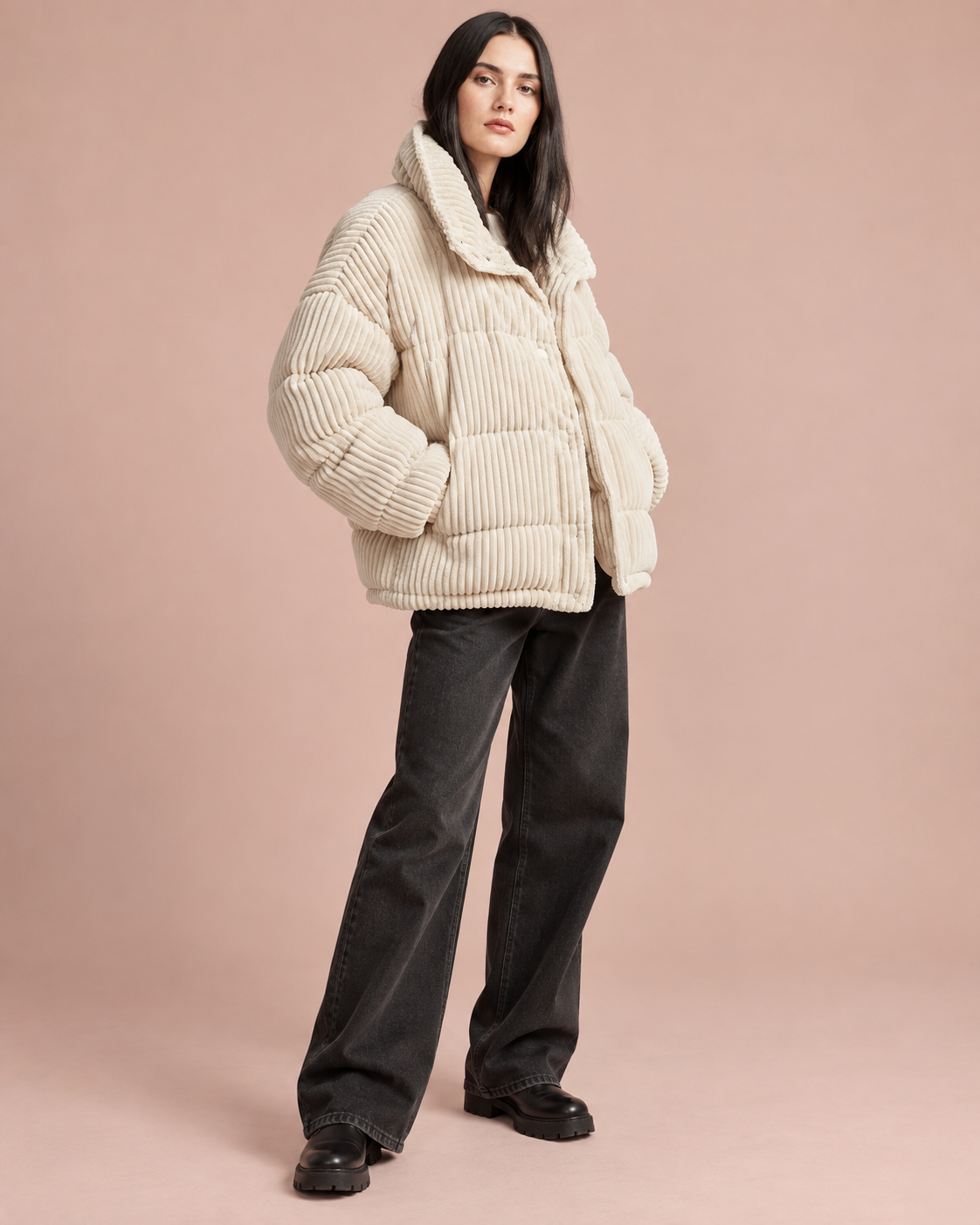 Chaqueta acolchada pana mujer cuello alto corte amplio - Marit