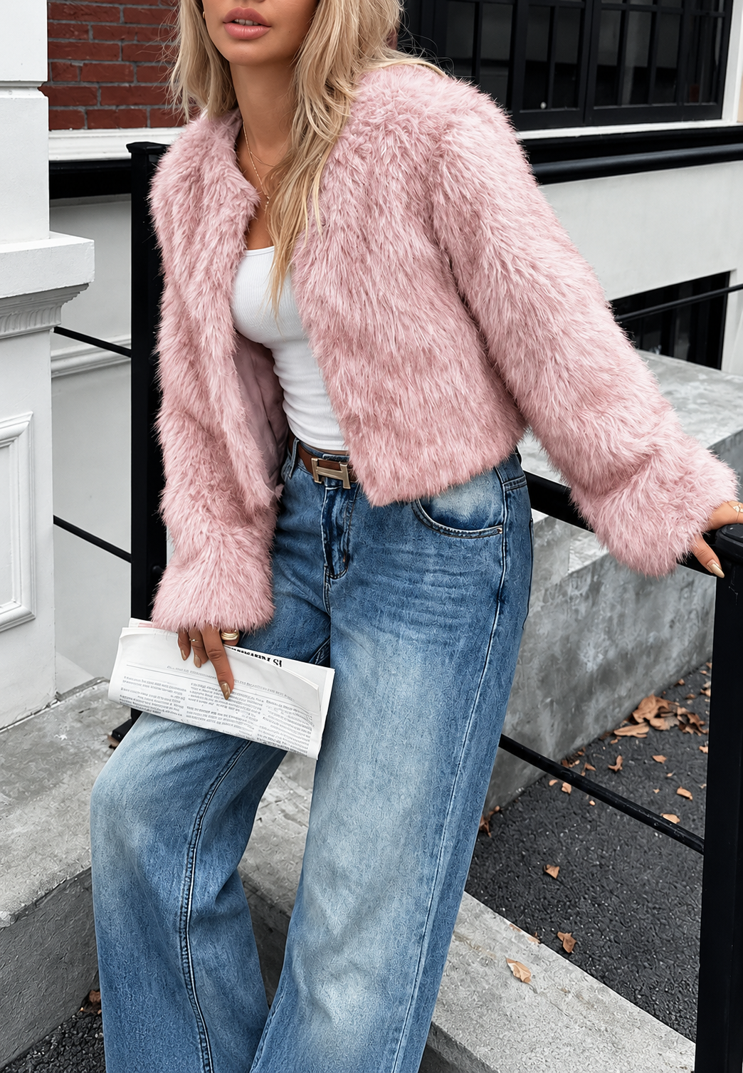 Chaqueta corta mujer efecto pelo manga larga - Clémence