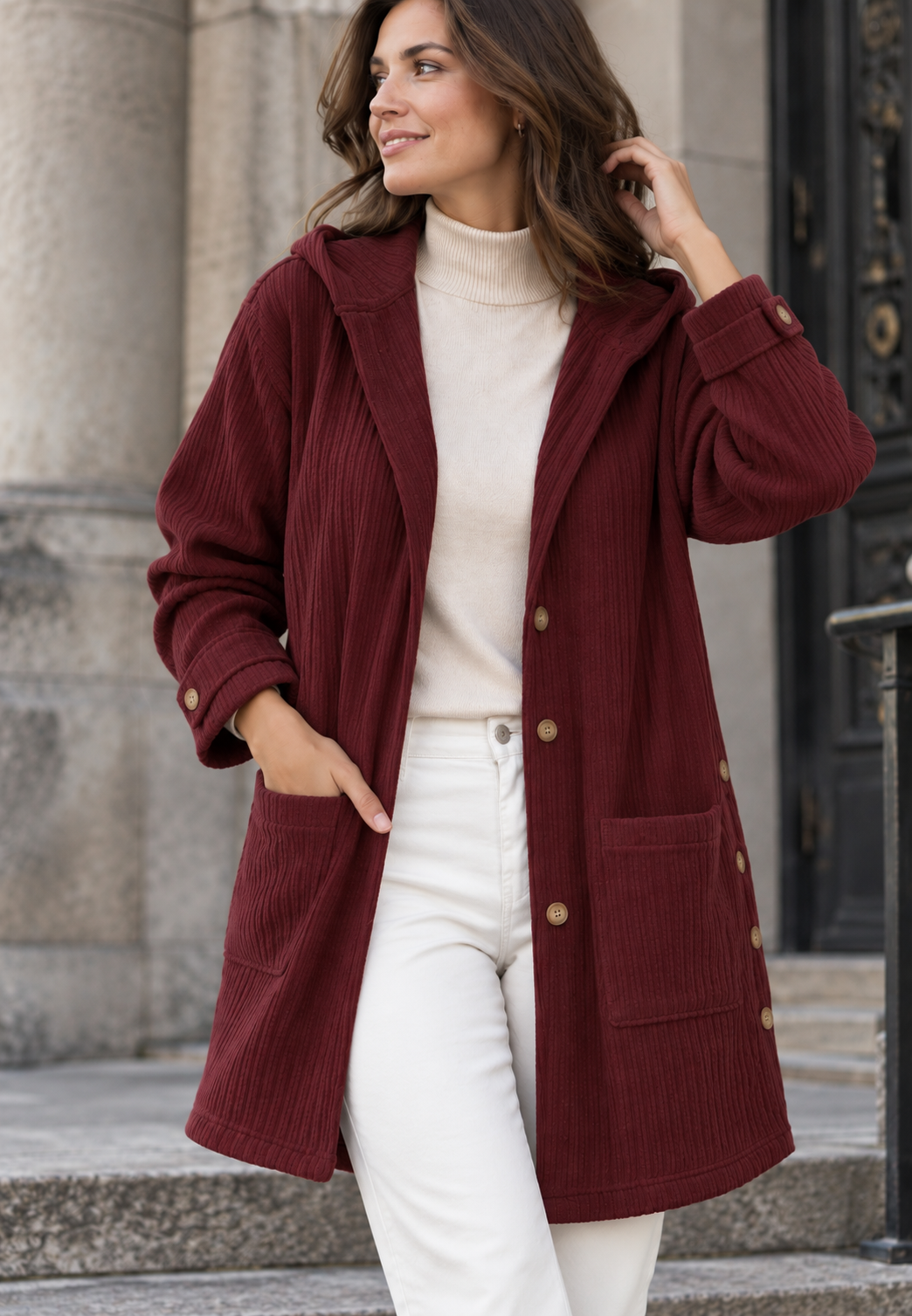 Chaqueta larga pana mujer capucha abotonada - Coralie