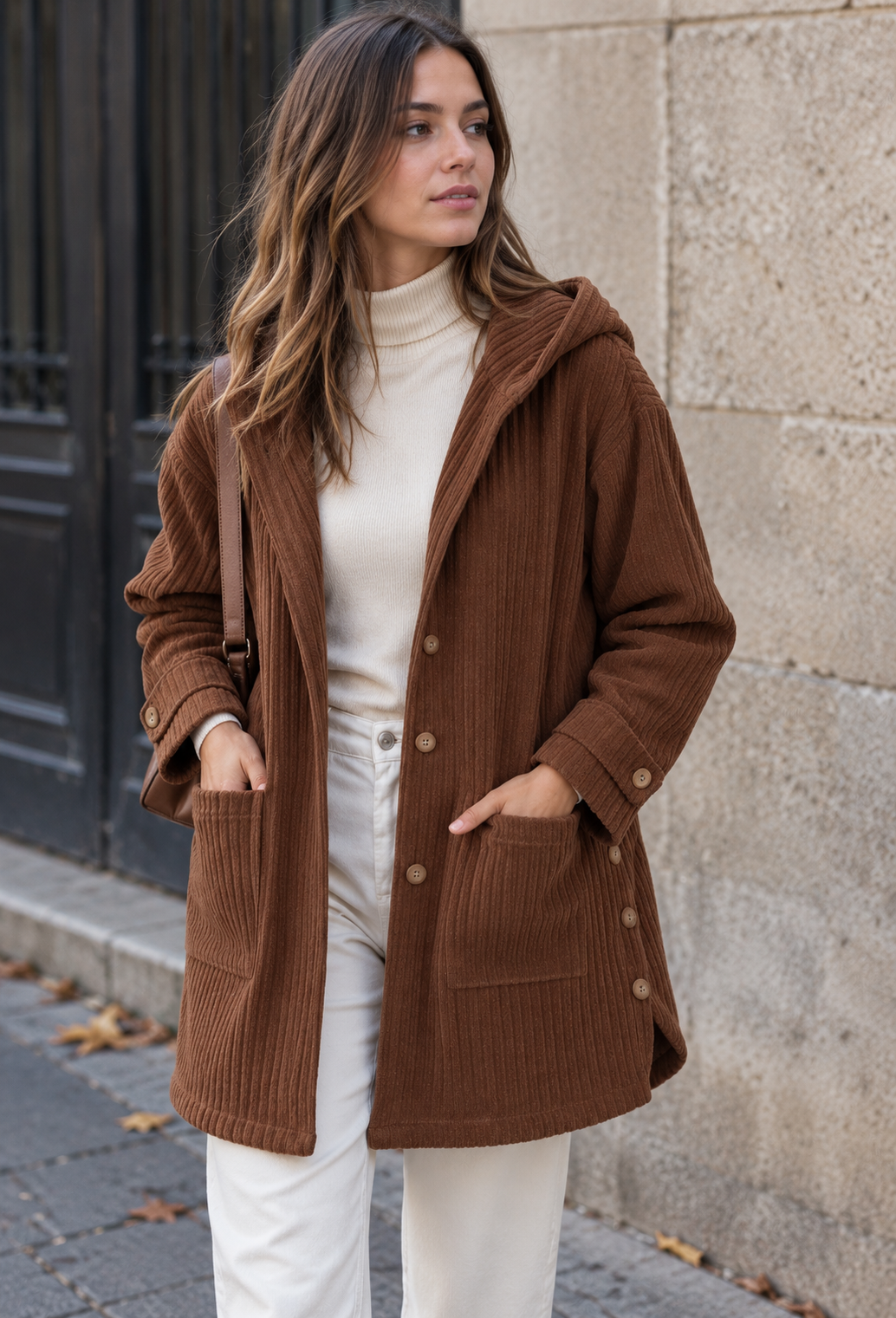 Chaqueta larga pana mujer capucha abotonada - Coralie