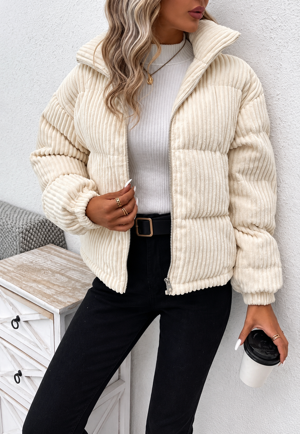 Chaqueta pana mujer cuello alto cremallera bolsillos laterales - Eline