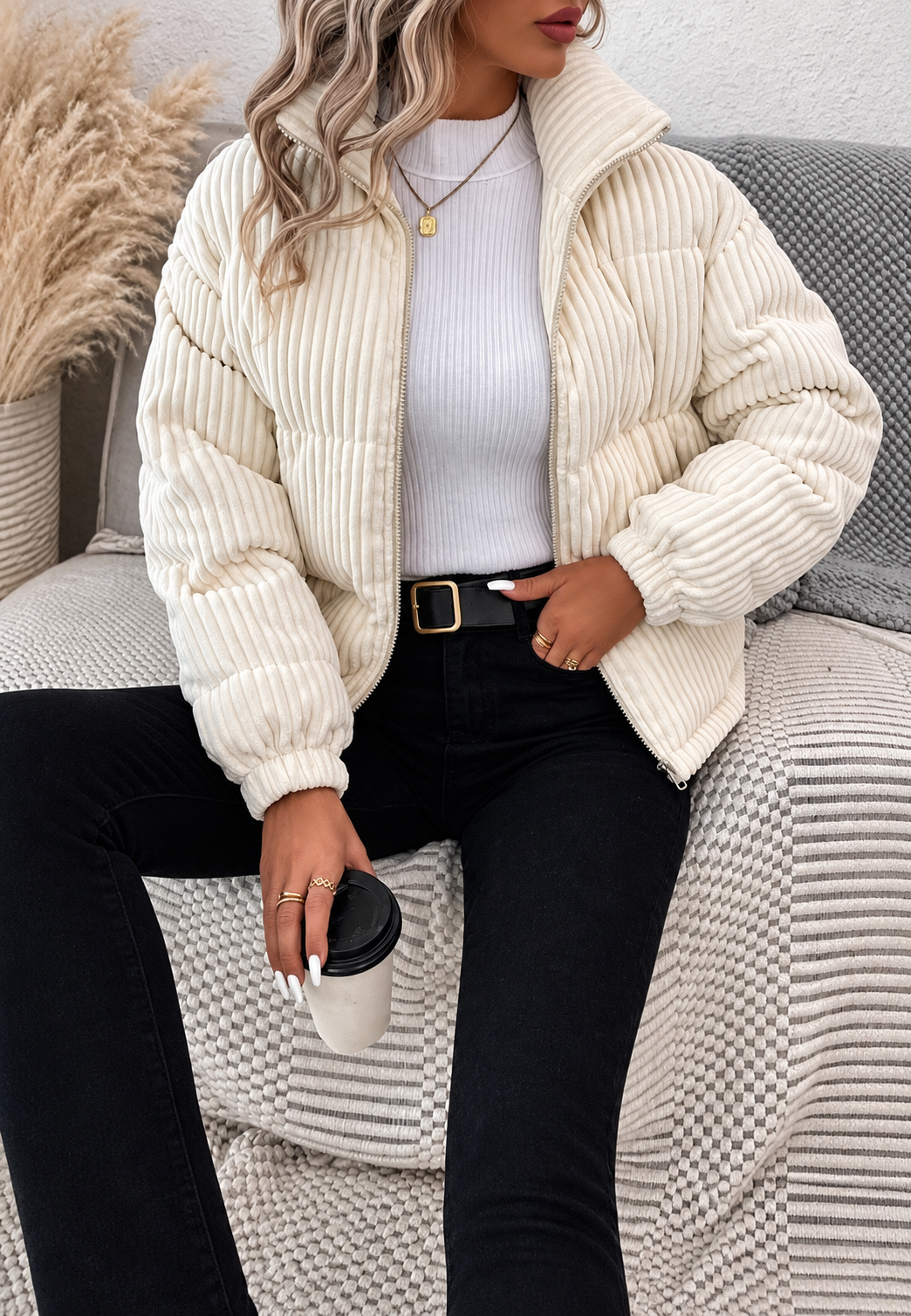 Chaqueta pana mujer cuello alto cremallera bolsillos laterales - Eline