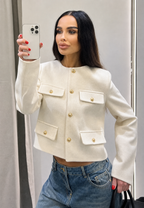 Chaqueta tweed mujer corta cuello redondo bolsillos - Susie