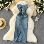Vestido denim mujer palabra de honor con cinturón estilo western – Dakota