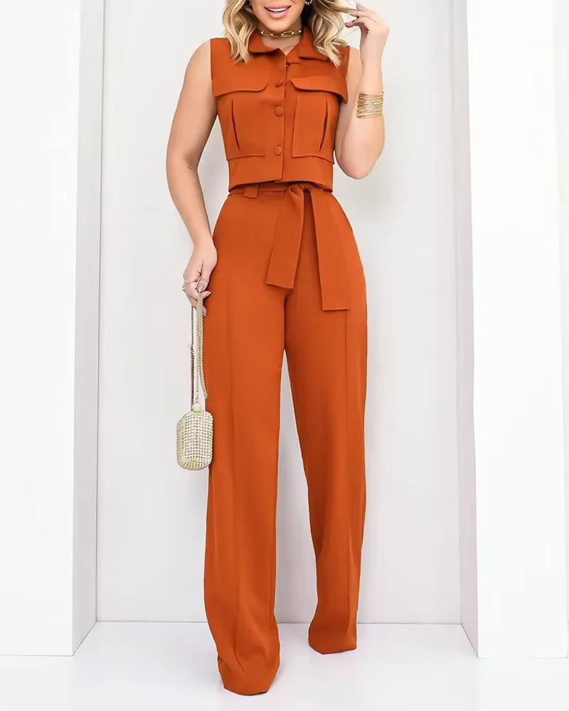 Conjunto mujer sin mangas top con botones y pantalón pierna ancha - Isadora