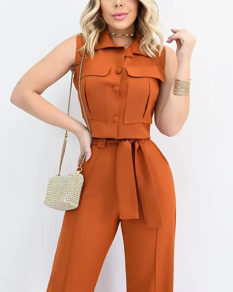 Conjunto mujer sin mangas top con botones y pantalón pierna ancha - Isadora
