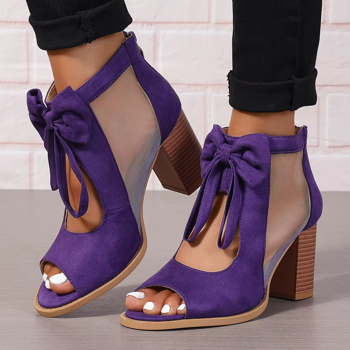 Sandalias de tacón para mujer con lazo y paneles de malla - Natalia