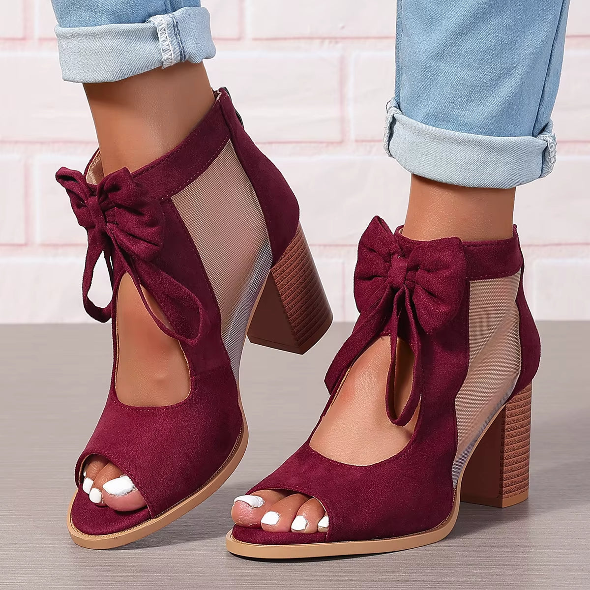 Sandalias de tacón para mujer con lazo y paneles de malla - Natalia